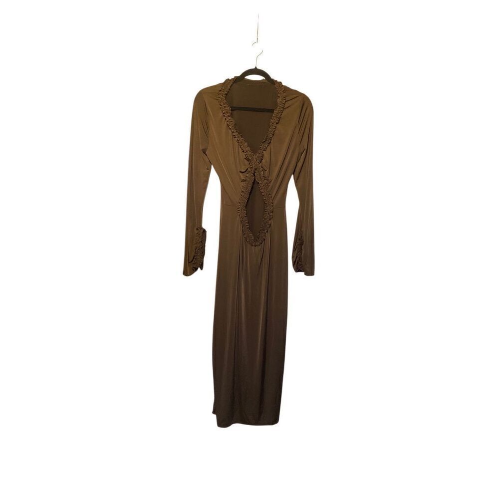 Fashion nova women’s brown, long sleeve, V-neck open front maxi dress S/2X